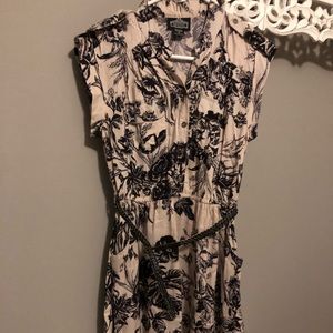 Floral Print Black Tan Belted Waist Dress